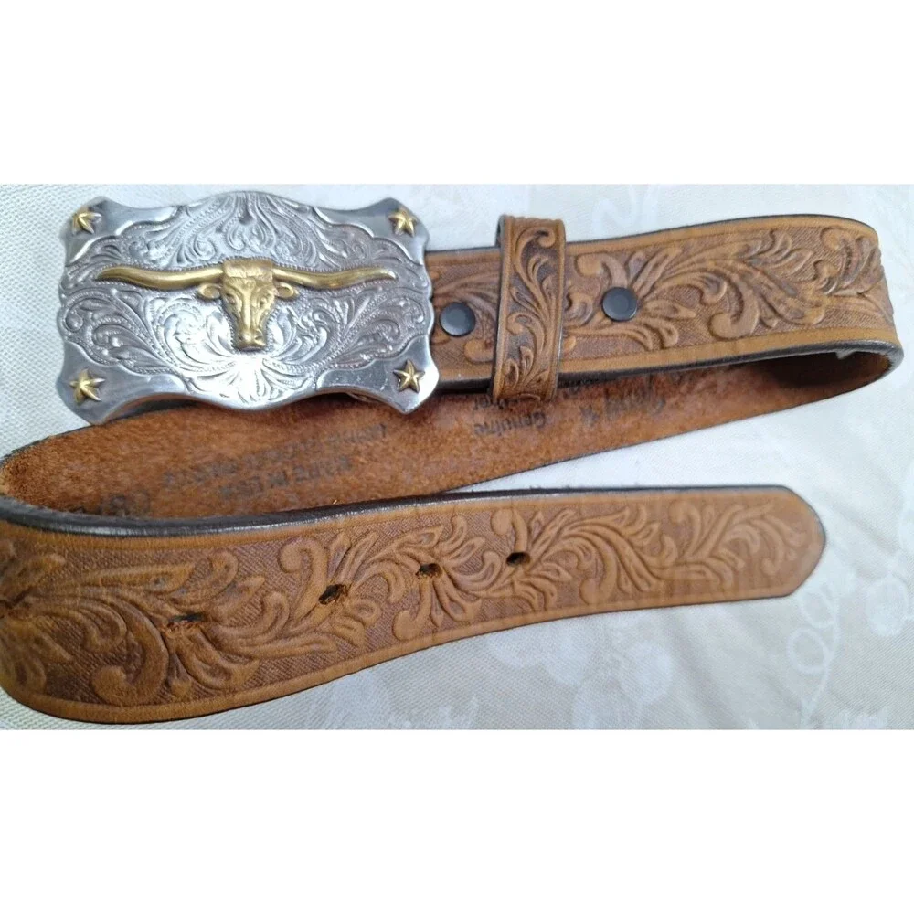 NWT Tony Lama LITTLE TEXAS Handtooled Western Leather Belt W Buckle Child 4/6 yr